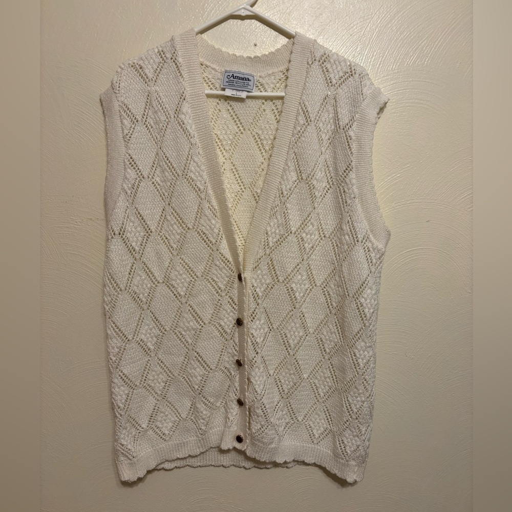 🧶 Vintage Amana Woolen Mill White Knit Button Front Sweater Vest | Size L